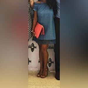 American Rag Denim Off the Shoulder Ruffle Lace Trim Tie Sleeve Mini Dress XS